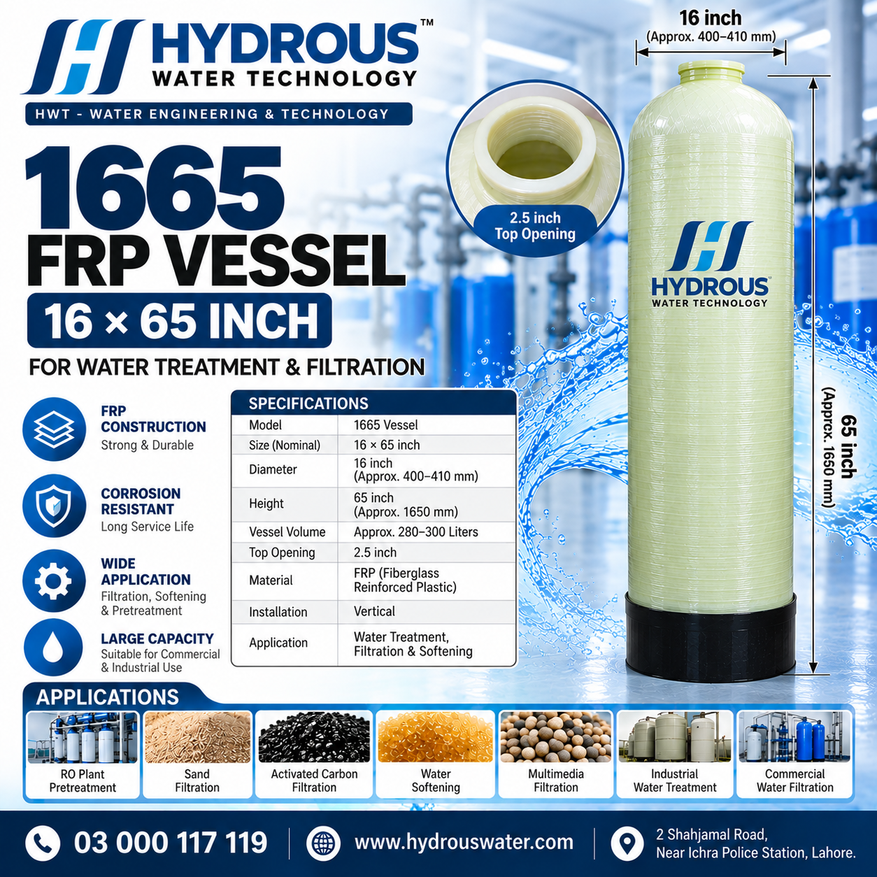 1665 FRP vessel price in Pakistan 16x65 water treatment vessel