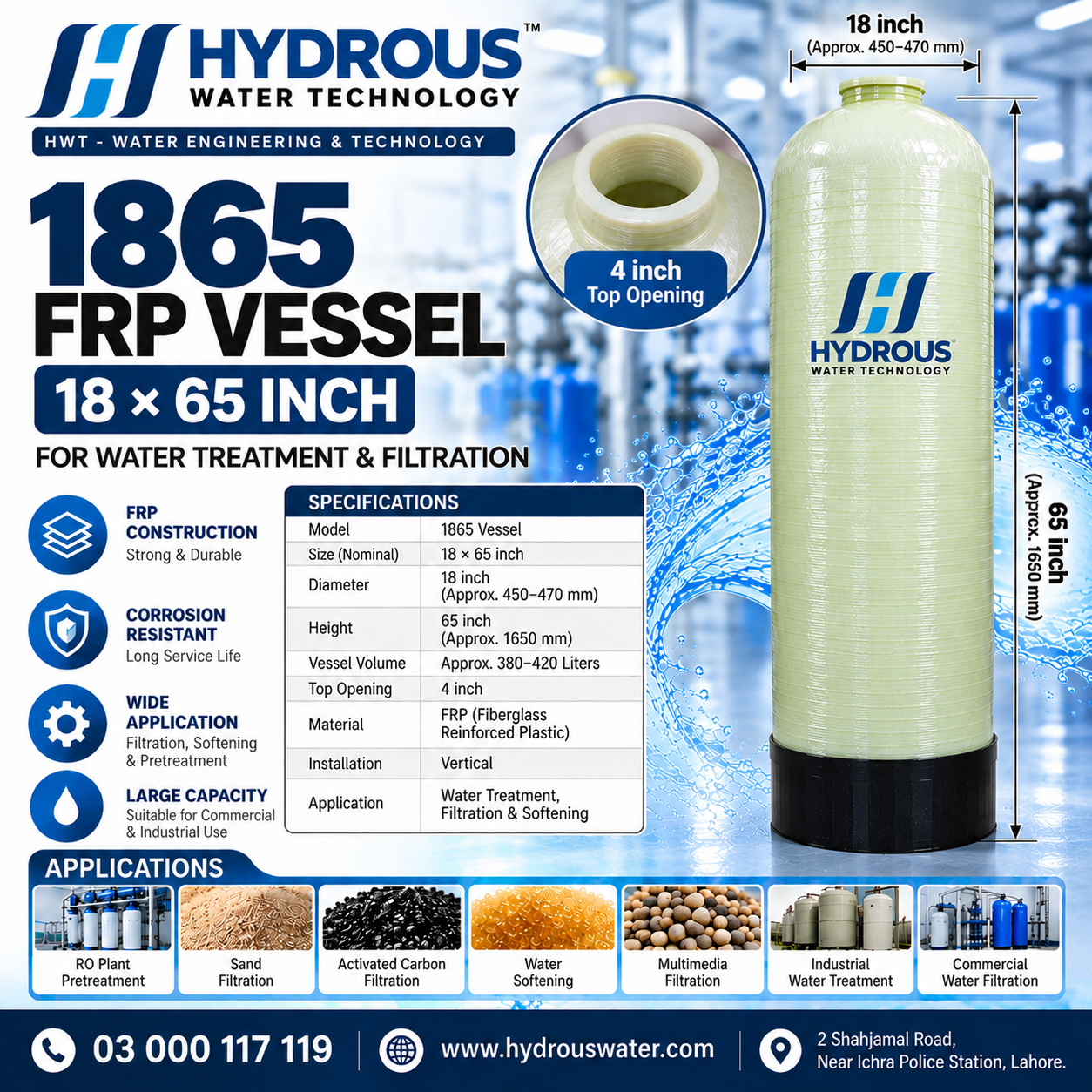 1865 FRP vessel price in Pakistan 18x65 with 4 inch top opening