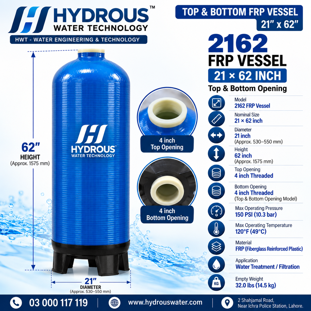 2162 FRP Vessel 21×62 inch with 4 inch top and bottom opening