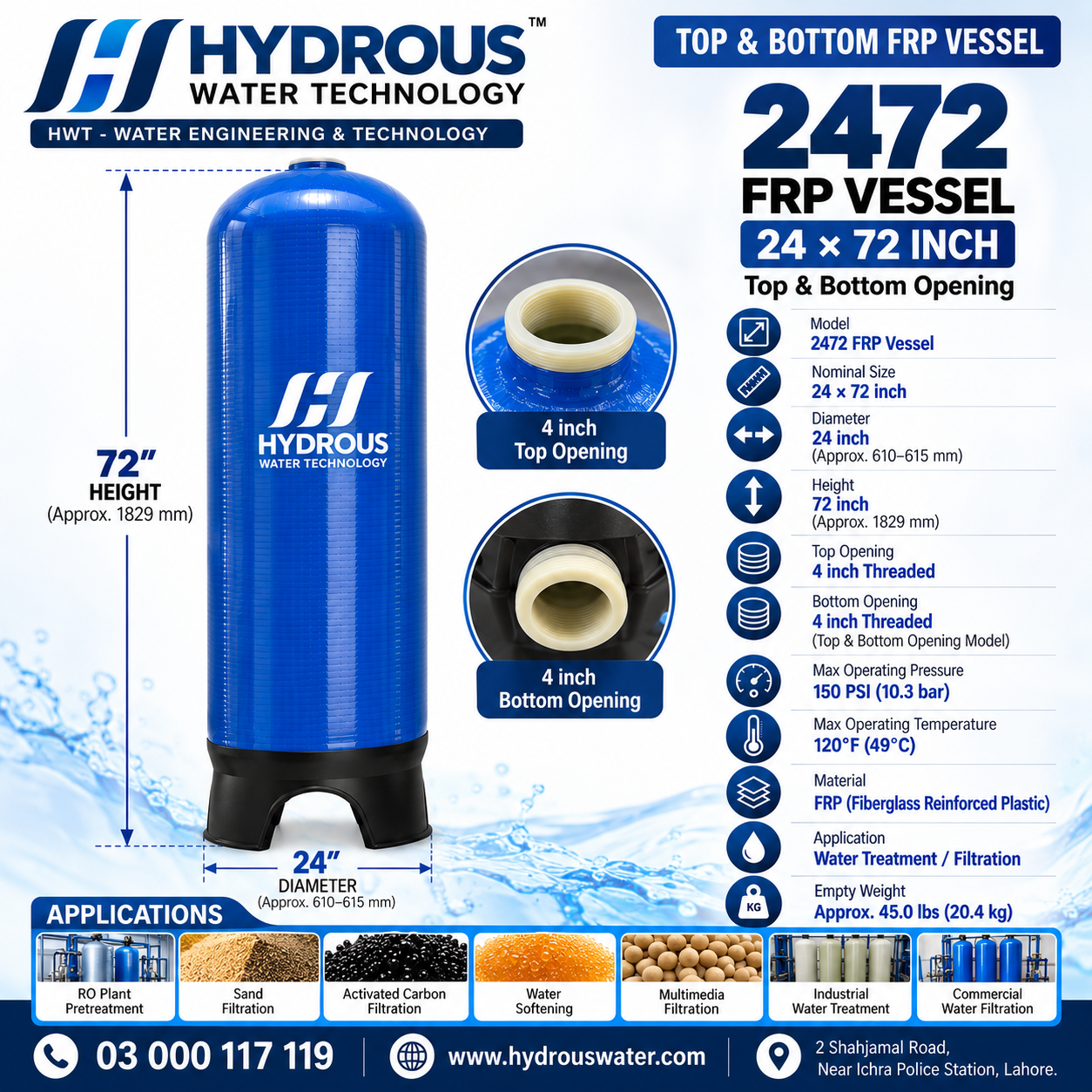 2472 FRP Vessel 24×72 inch with 4 inch top and bottom opening
