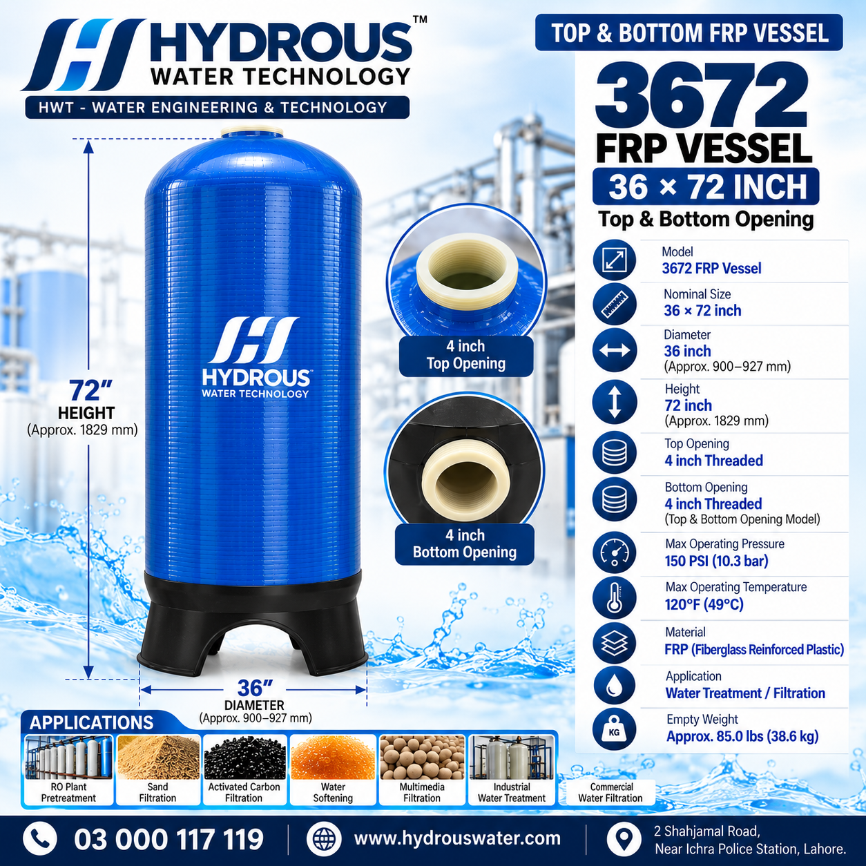 3672 FRP Vessel 36×72 inch with 4 inch top and bottom openings