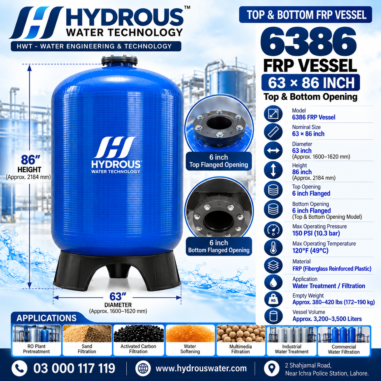 6386 FRP Vessel 63×86 inch with 6 inch top and bottom flanged openings
